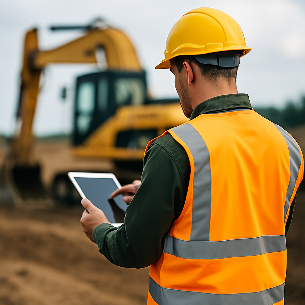 Construction worker using tablet at excavation site